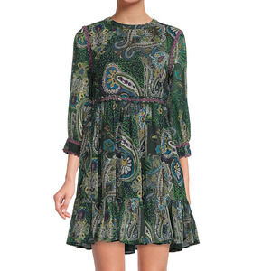 NEW AREA STARS GREEN PIA PAISLEY MINI FIT & FLARE DRESS SIZE LARGE